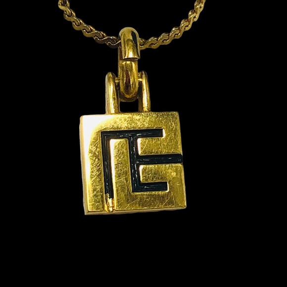 PIERRE BALMAIN Gold Plated Logo Square Pendant Necklace Vintage Designer Jewelry